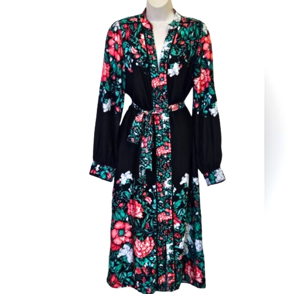 Anthropologie Black Multi-Color Floral Button Front Midi Shirt Dress,Medium - Picture 3 of 16
